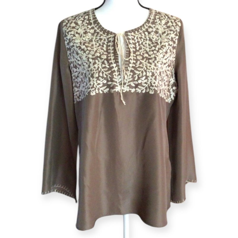 Sundance 100% Silk Embroidered Tie Tunic Blouse Size XS